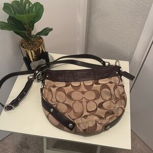 Used Vintage Coach purse. Signature design, tan and brown. Fabric and leather